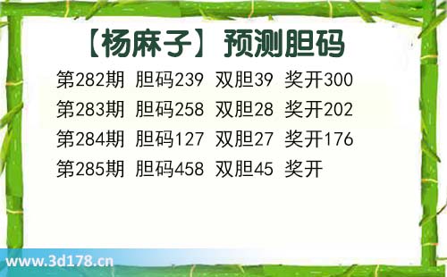 杨麻子胆码图3d第2026285期推荐：三胆看458