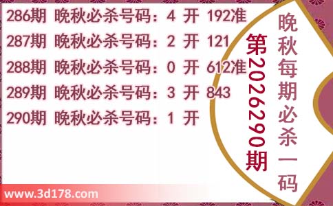 3d第2026290期晚秋杀码图推荐：必杀一码1